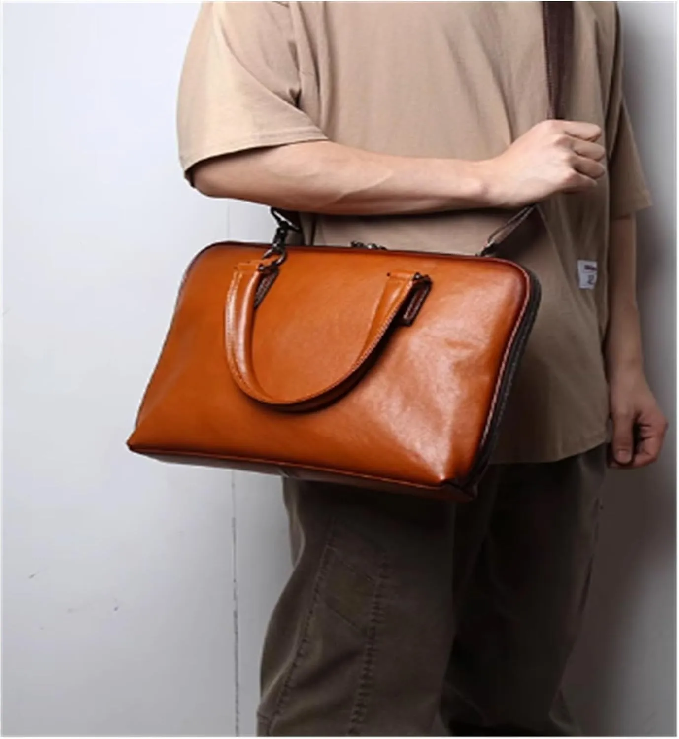 Leather Vintage Man Handbag Briefcase Men Shoulder Bags Coffe Business 14 Inch Laptop Bag