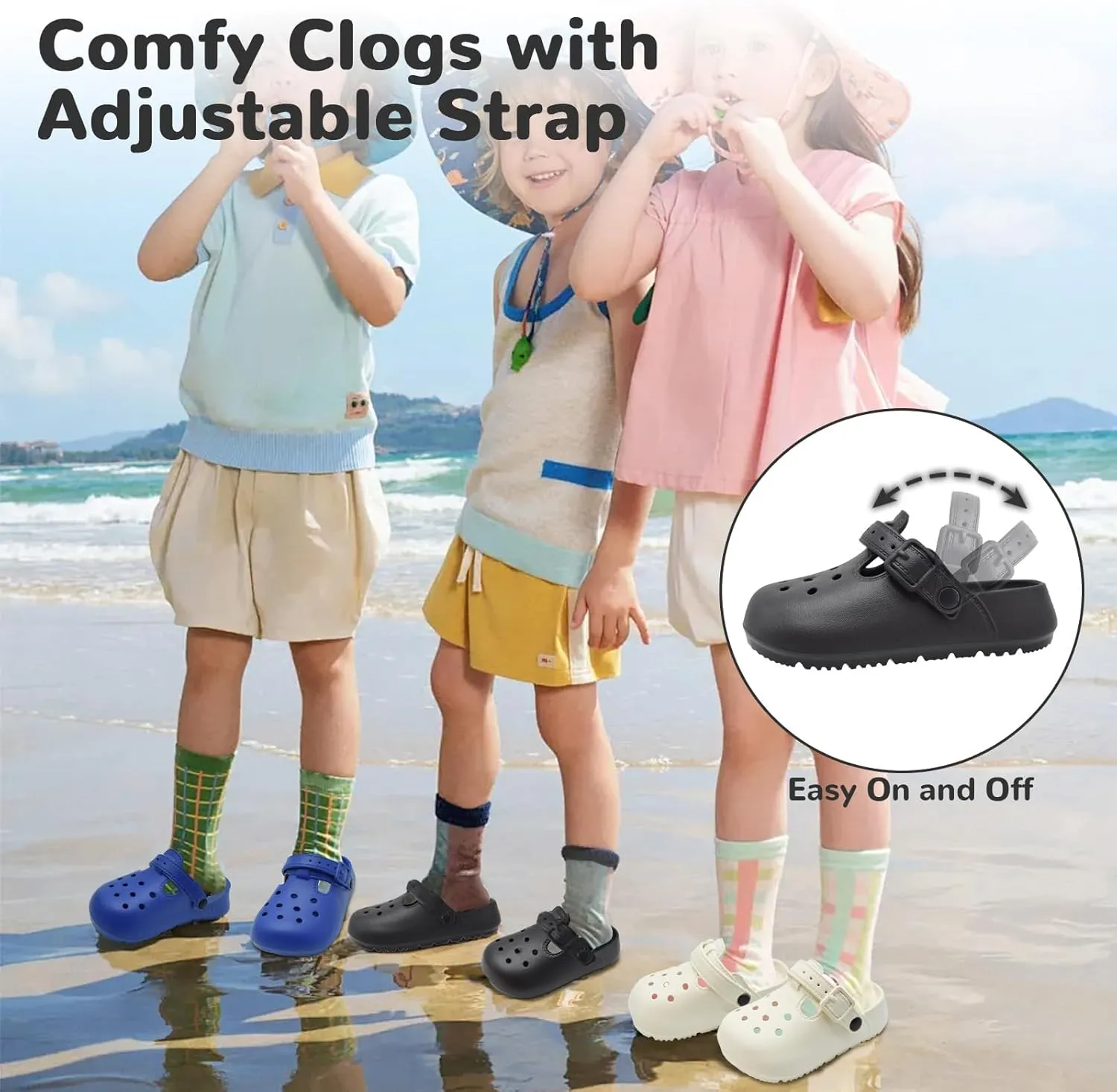 Lightweight Kids Clogs Garden Shoes Boys Girls Soft and Breathable Slide Sandals Toddler Adjustable Strap Beach Pool Slippers
