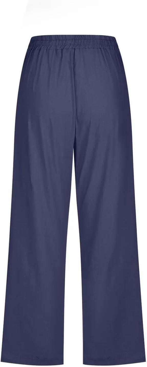 Linen Capris for Women 2024 Summer Drawstring Elastic Waist Capri Pants Wide Leg Cropped Beach Trousers with Pockets