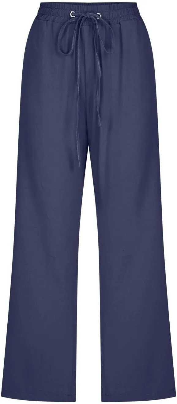Linen Capris for Women 2024 Summer Drawstring Elastic Waist Capri Pants Wide Leg Cropped Beach Trousers with Pockets