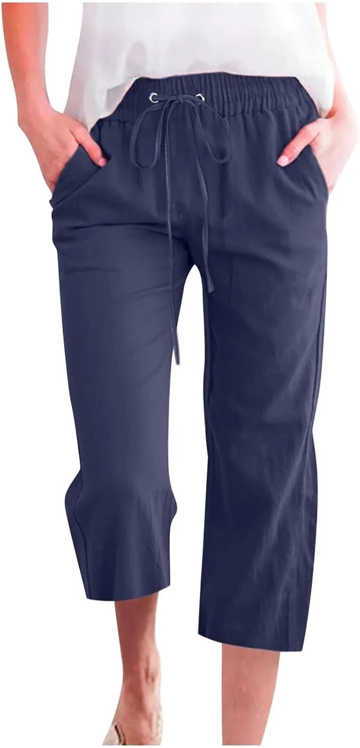 Linen Capris for Women 2024 Summer Drawstring Elastic Waist Capri Pants Wide Leg Cropped Beach Trousers with Pockets