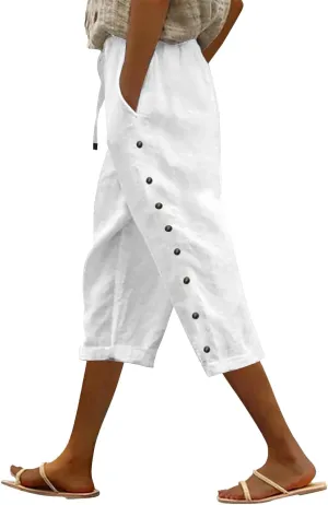 Linen Capris for Women Summer Elastic Waisted Drawstring Trousers with Pockets Side Button Casual Cropped Pants