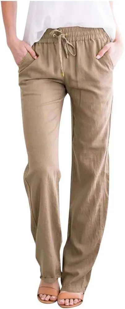 Linen Pants Capri Pants Cotton Linen Elastic Waist Straight Leg Trousers Casual Loose Summer Lounge Long Trousers