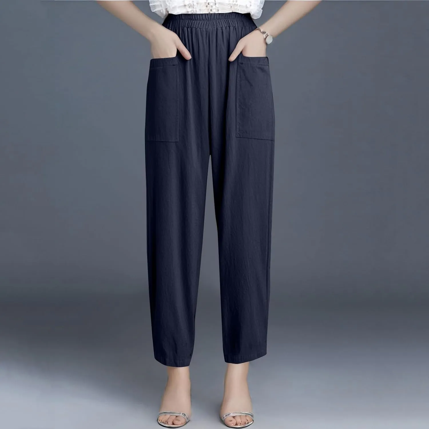 Linen Pants for Women Summer High Waist Palazzo Pants Wide Leg Plus Size Pant Lounge Trousers with Pockets (S-2Xl)
