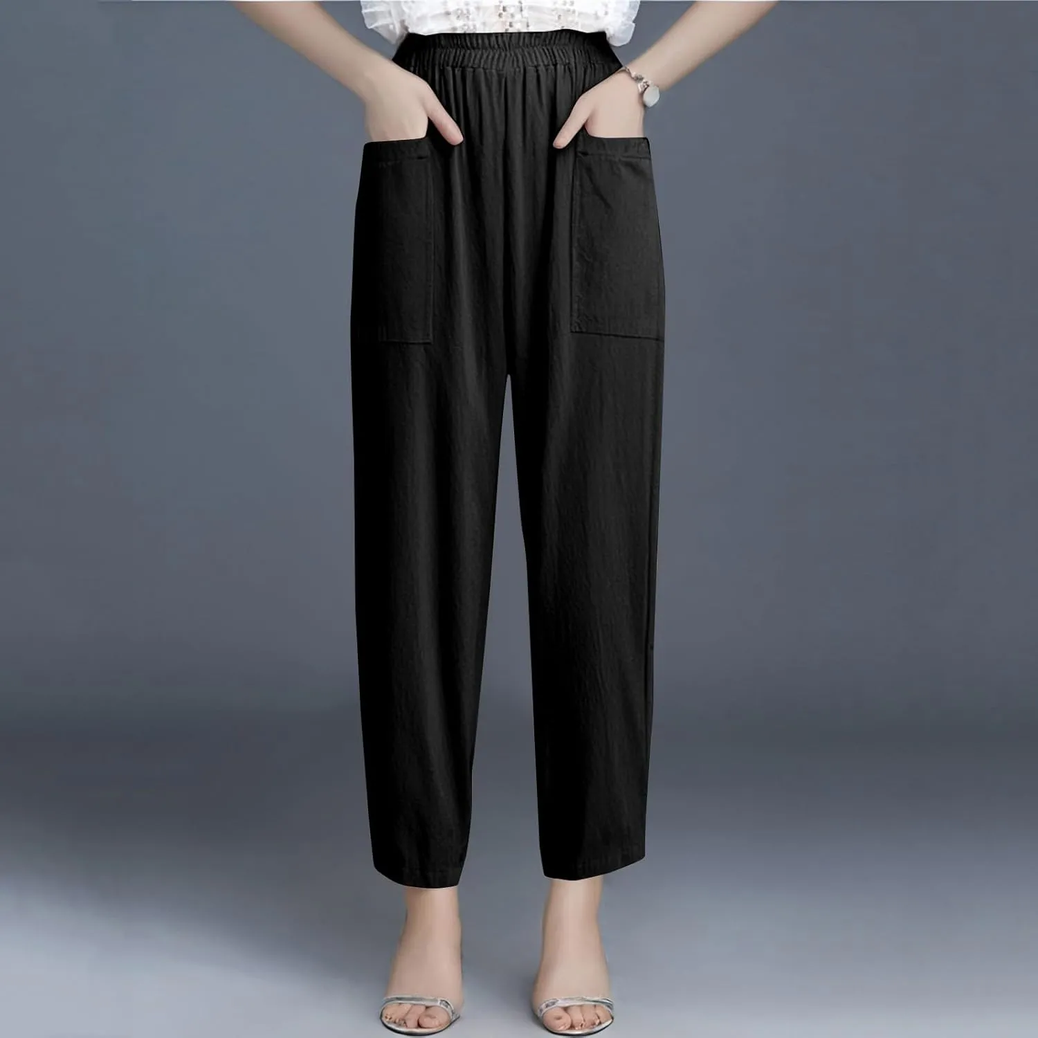 Linen Pants for Women Summer High Waist Palazzo Pants Wide Leg Plus Size Pant Lounge Trousers with Pockets (S-2Xl)