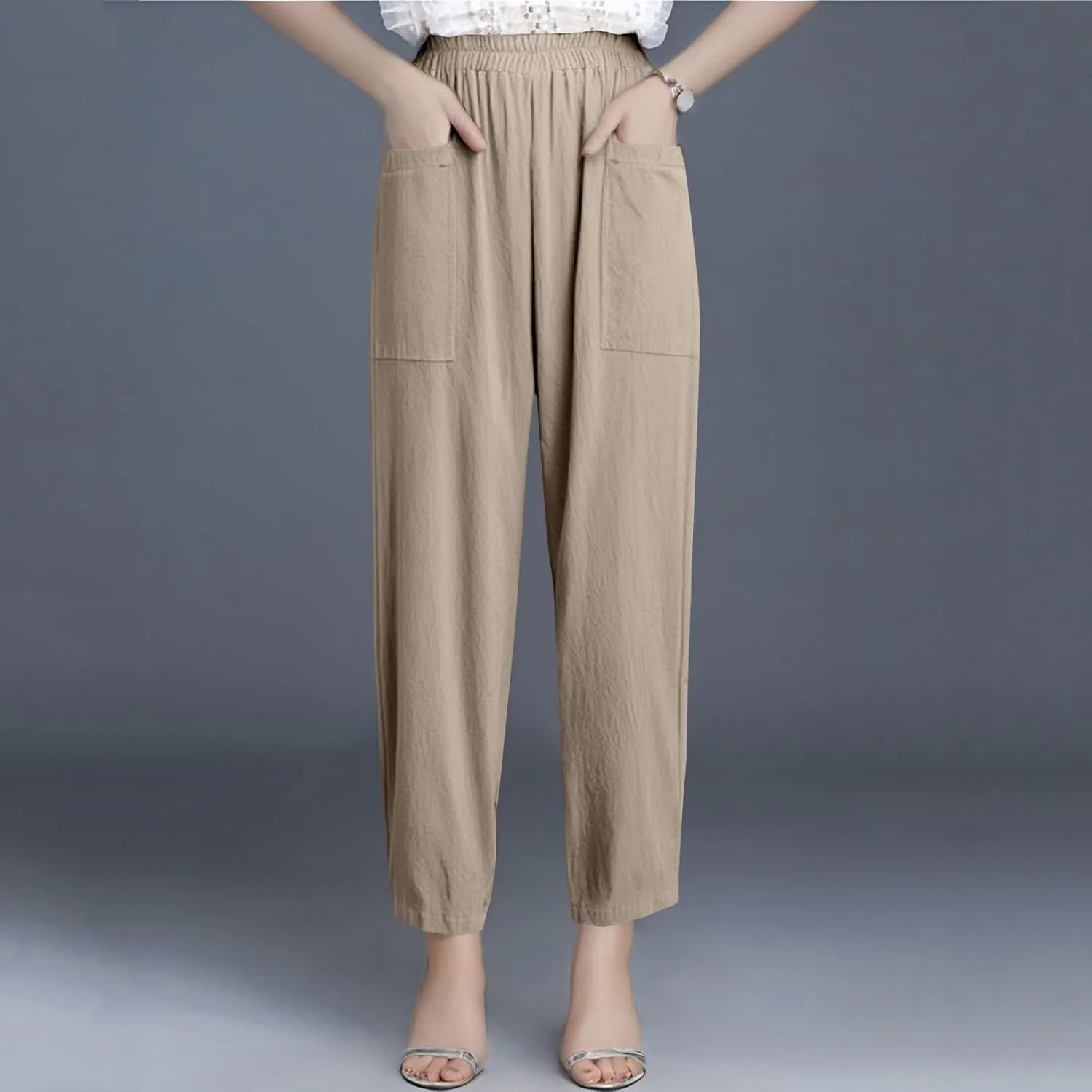 Linen Pants for Women Summer High Waist Palazzo Pants Wide Leg Plus Size Pant Lounge Trousers with Pockets (S-2Xl)