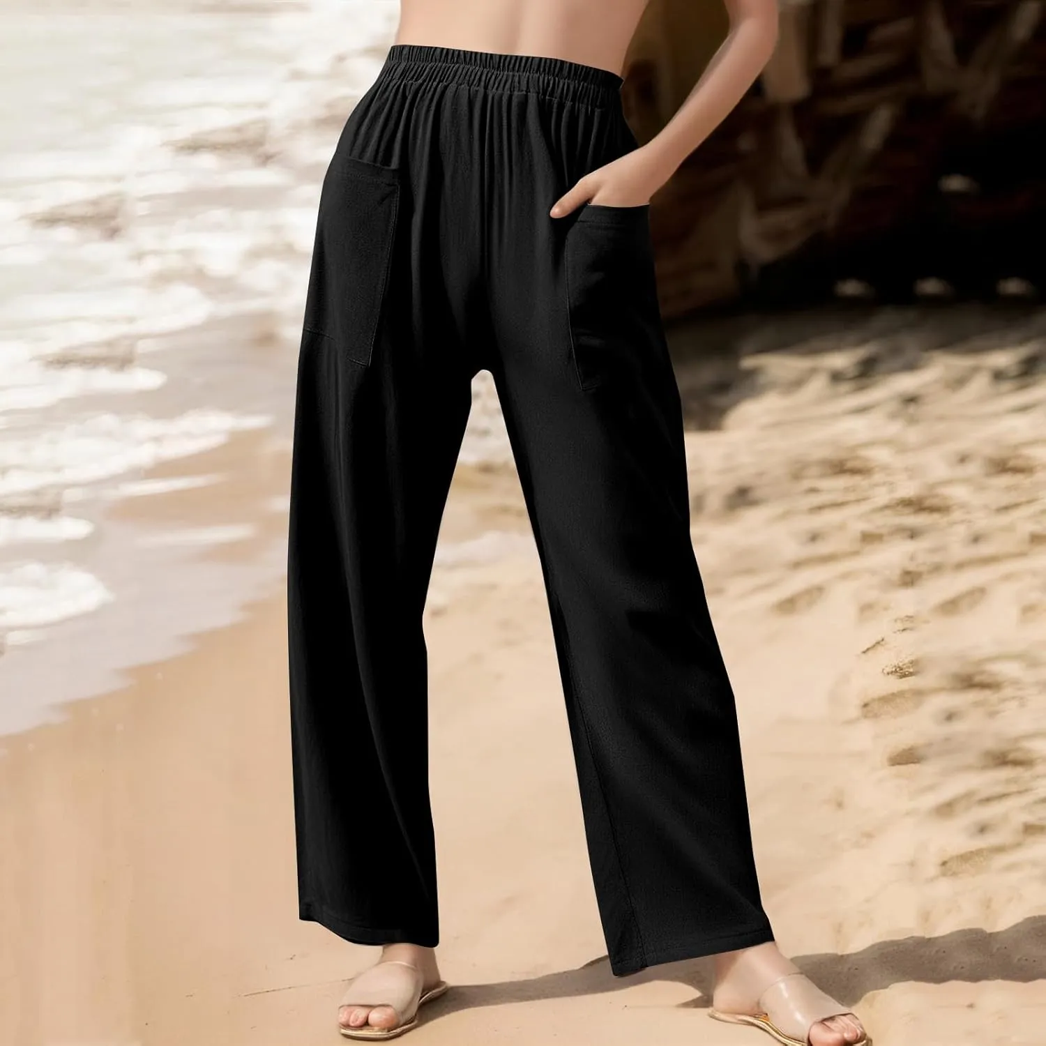 Linen Pants for Women Summer High Waist Palazzo Pants Wide Leg Plus Size Pant Lounge Trousers with Pockets (S-2Xl)