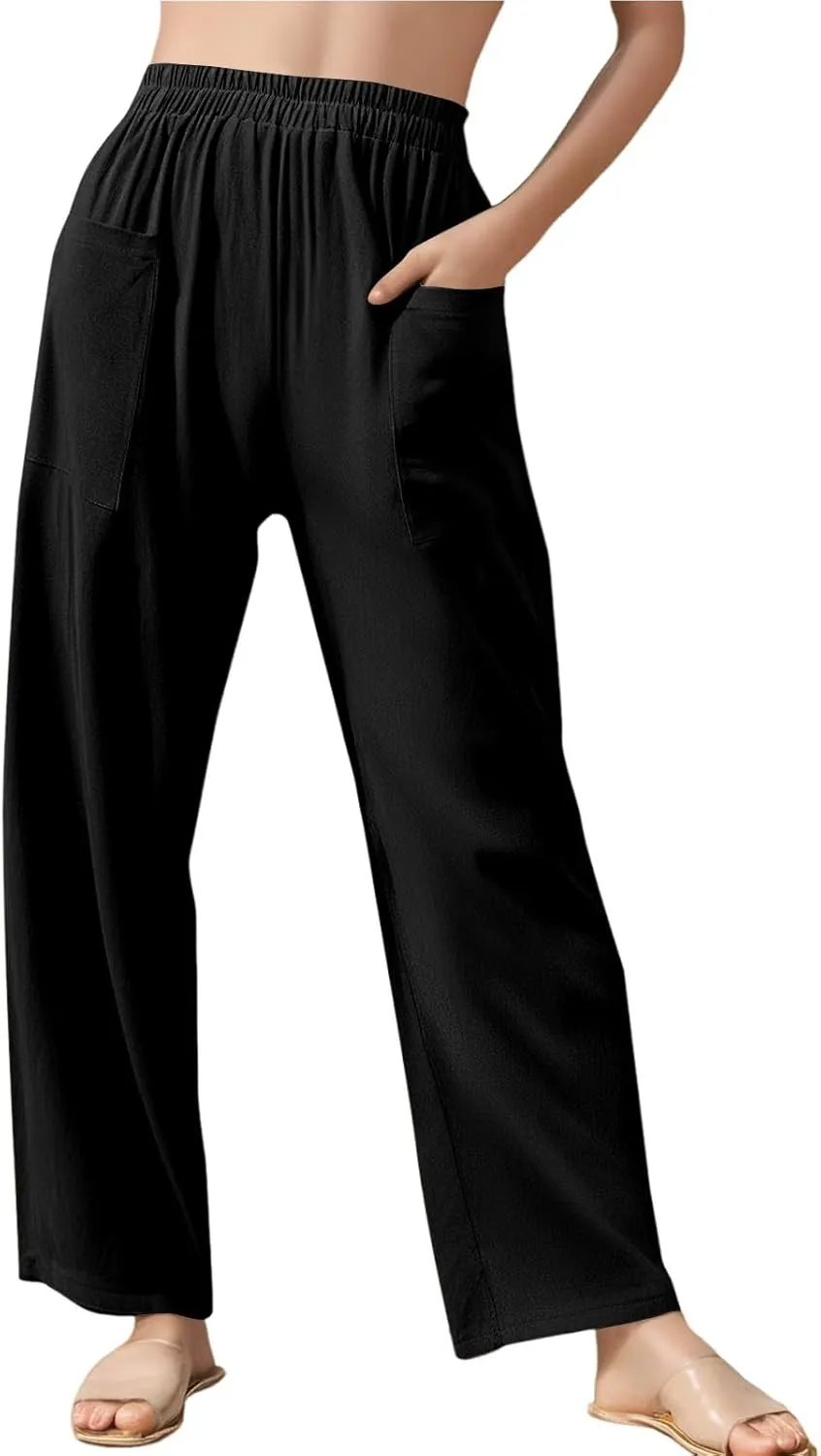 Linen Pants for Women Summer High Waist Palazzo Pants Wide Leg Plus Size Pant Lounge Trousers with Pockets (S-2Xl)
