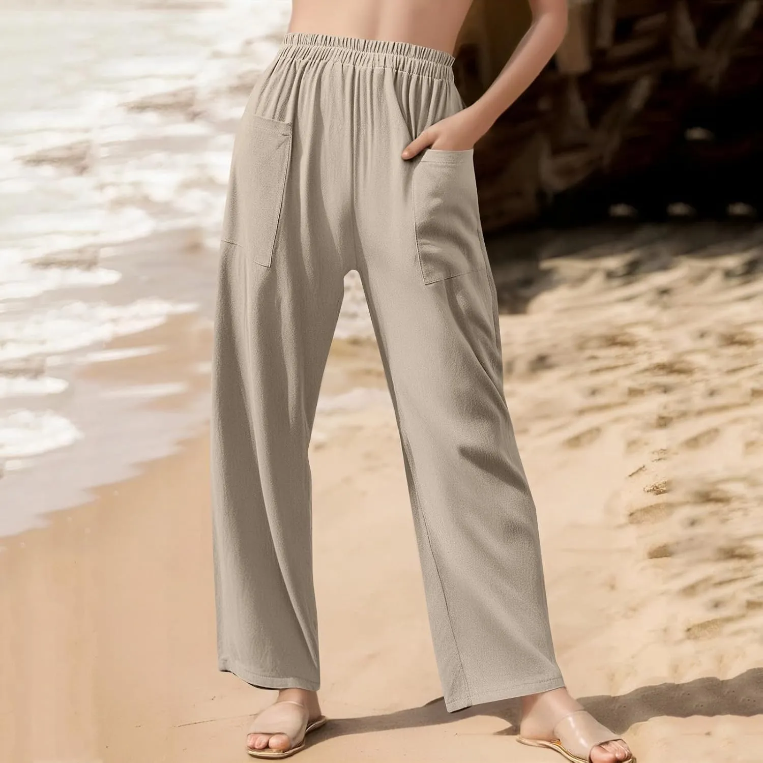 Linen Pants for Women Summer High Waist Palazzo Pants Wide Leg Plus Size Pant Lounge Trousers with Pockets (S-2Xl)