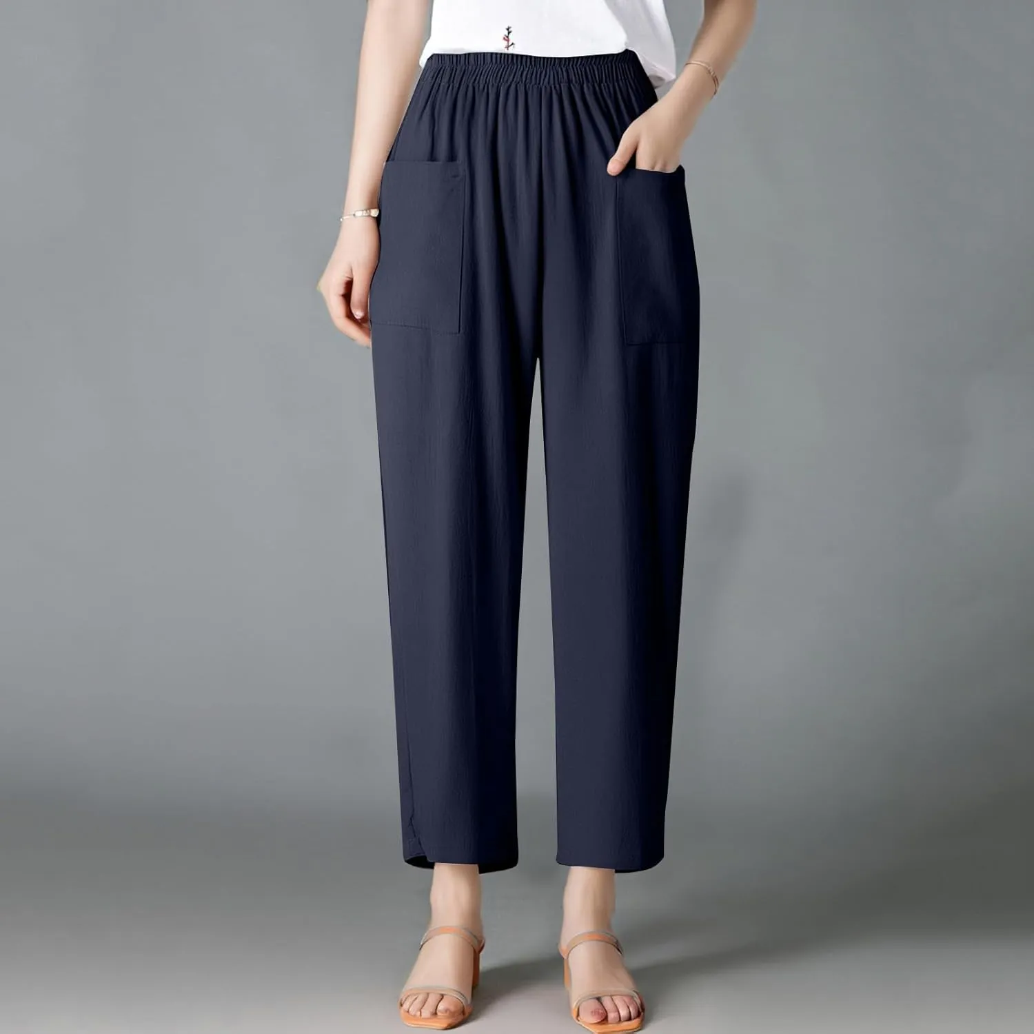 Linen Pants for Women Summer High Waist Palazzo Pants Wide Leg Plus Size Pant Lounge Trousers with Pockets (S-2Xl)