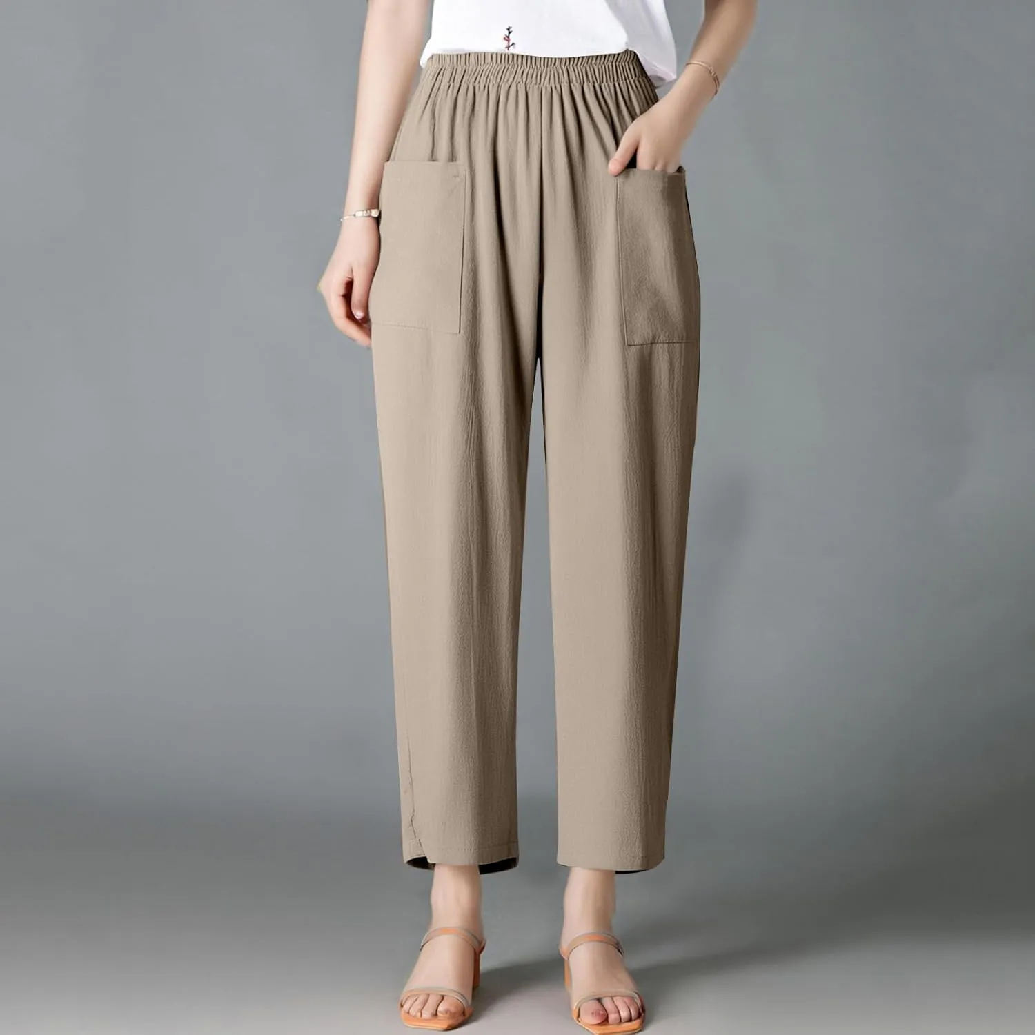 Linen Pants for Women Summer High Waist Palazzo Pants Wide Leg Plus Size Pant Lounge Trousers with Pockets (S-2Xl)