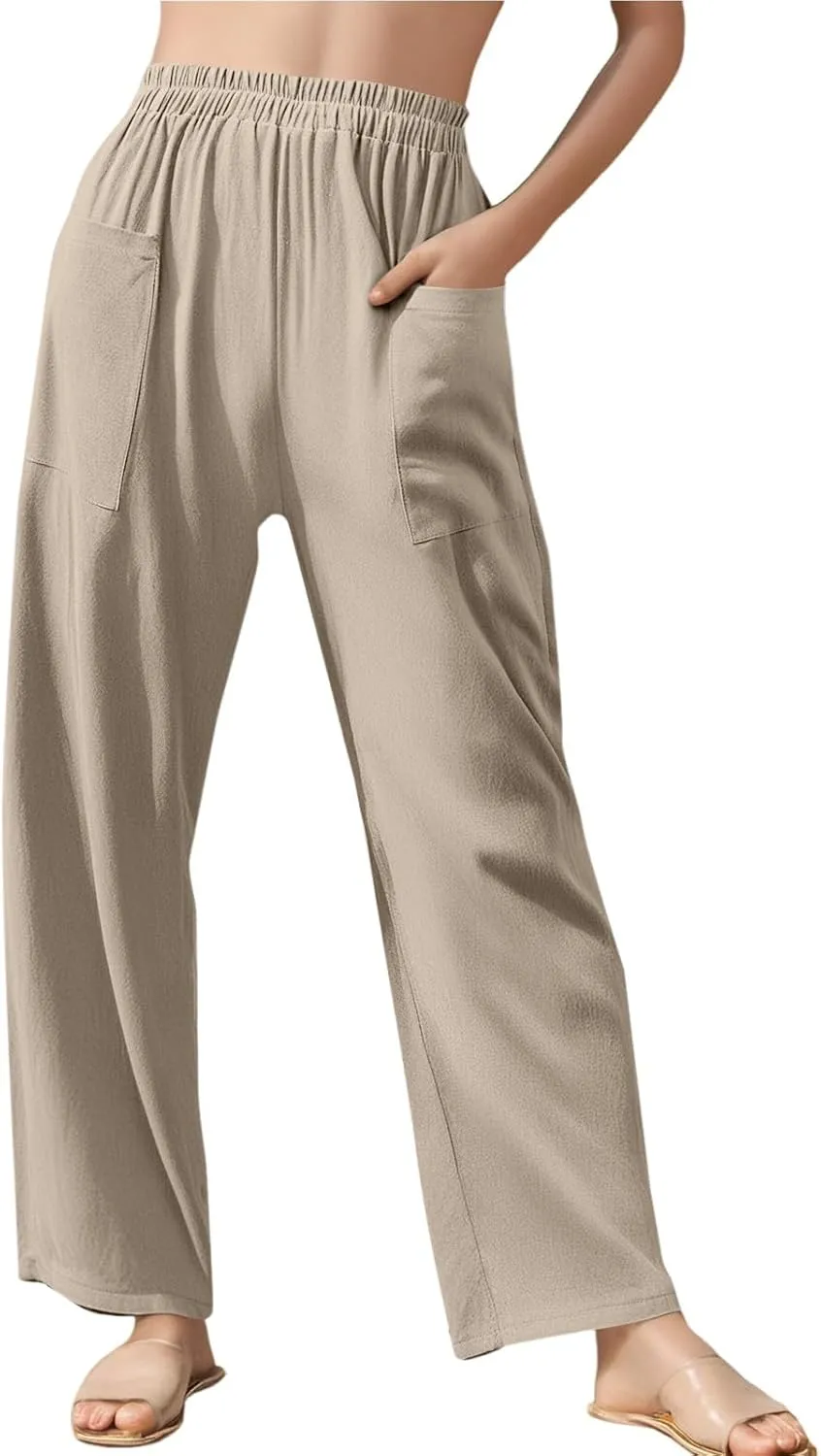 Linen Pants for Women Summer High Waist Palazzo Pants Wide Leg Plus Size Pant Lounge Trousers with Pockets (S-2Xl)