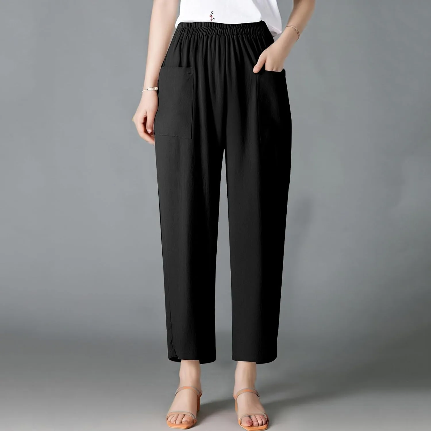 Linen Pants for Women Summer High Waist Palazzo Pants Wide Leg Plus Size Pant Lounge Trousers with Pockets (S-2Xl)