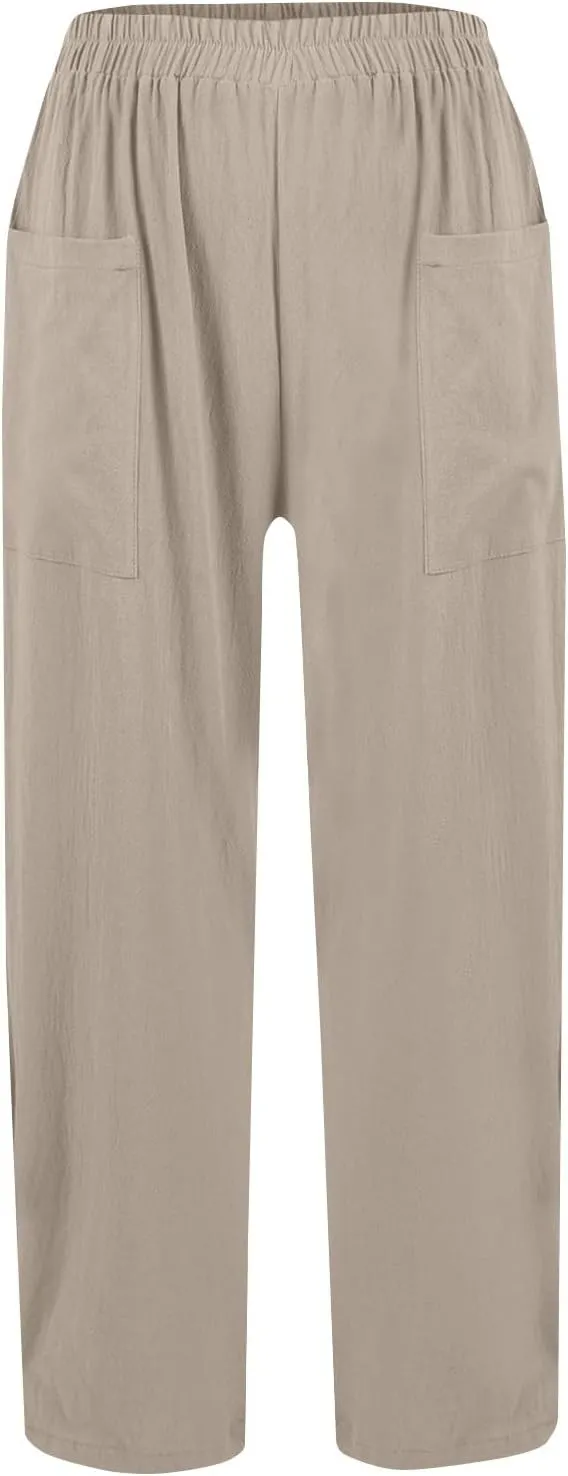 Linen Pants Women Casual Summer Wide Leg Pants High Waisted Trousers Lightweight Palazzo Pant with Pockets (S-2Xl)