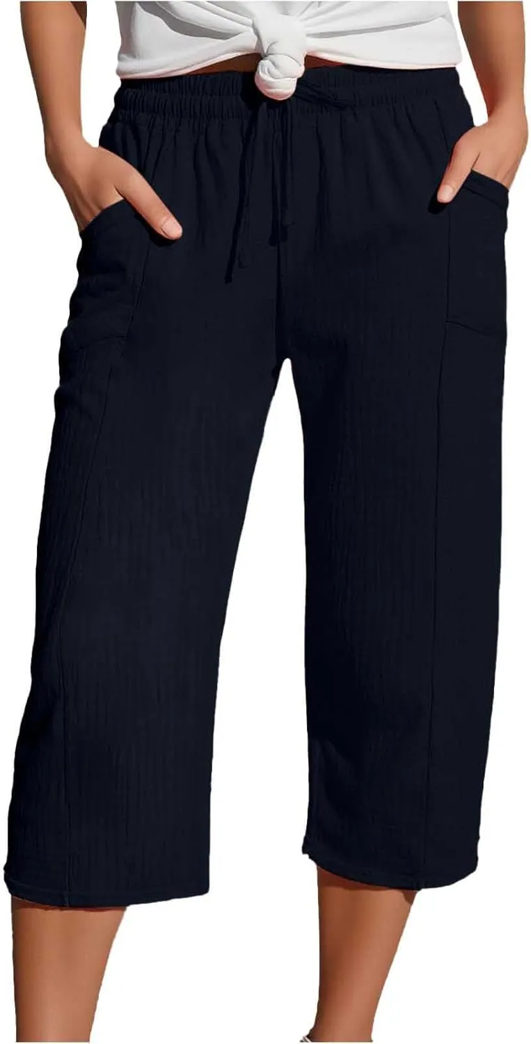 Linen Pants Women Summer Casual High Waist Straight Wide Leg Pants Comfortable Fit Trousers with Pockets