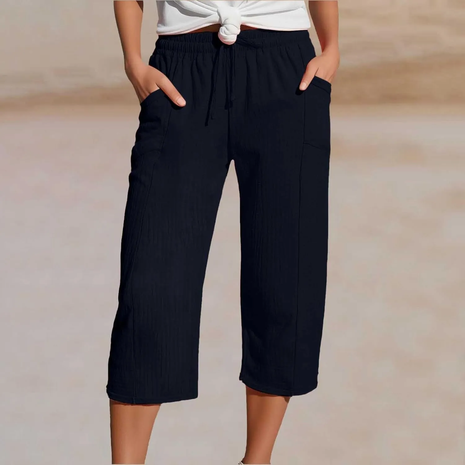 Linen Pants Women Summer Casual High Waist Straight Wide Leg Pants Comfortable Fit Trousers with Pockets