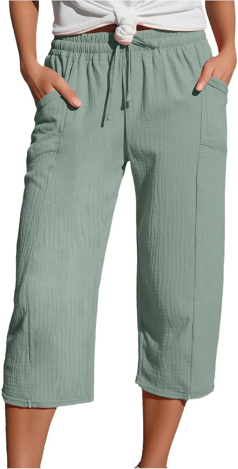 Linen Pants Women Summer Casual High Waist Straight Wide Leg Pants Comfortable Fit Trousers with Pockets