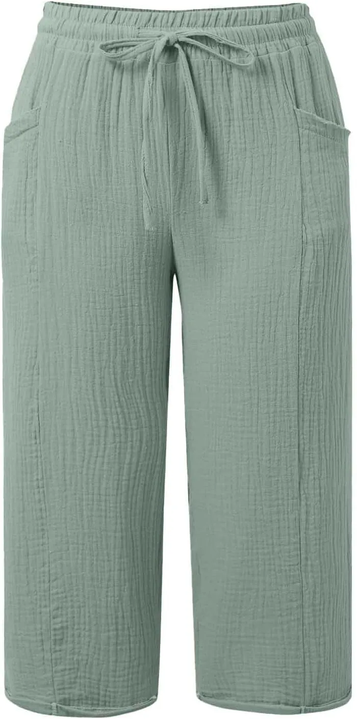 Linen Pants Women Summer Casual High Waist Straight Wide Leg Pants Comfortable Fit Trousers with Pockets