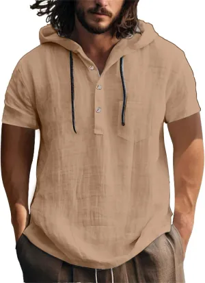 Linen Shirts for Men Quick Dry Breathable Summer Button Short Sleeve Shirt with Hooded Lightweight Loose Beach Top
