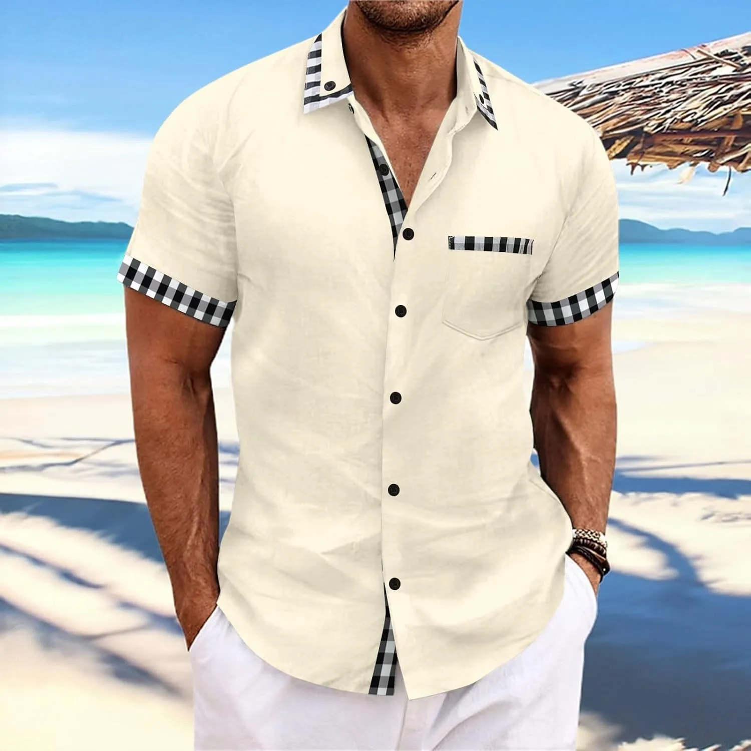 Linen Shirts Mens Short Sleeve Button Down Shirt Summer Casual Beach Wedding Shirts Lightweight Loose Hippie Tops