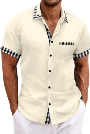 Linen Shirts Mens Short Sleeve Button Down Shirt Summer Casual Beach Wedding Shirts Lightweight Loose Hippie Tops