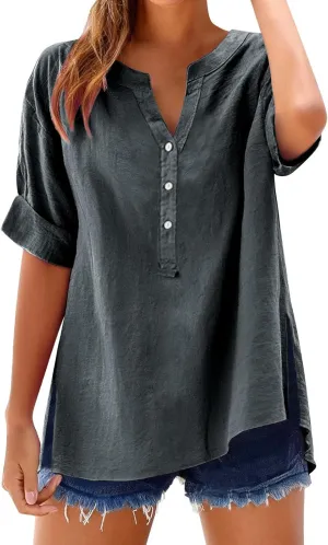 Linen Tops for Women 2025 Summer Button Down V Neck Shirts Casual Short Sleeve Loose T-Shirt Cotton Linen Blouse Tees