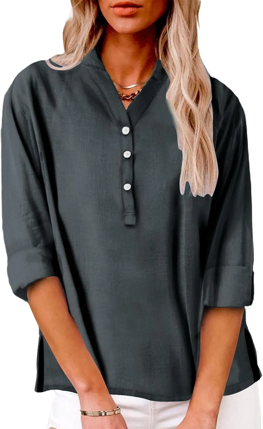 Linen Tops for Women 2025 Summer Button Down V Neck Shirts Casual Short Sleeve Loose T-Shirt Cotton Linen Blouse Tees