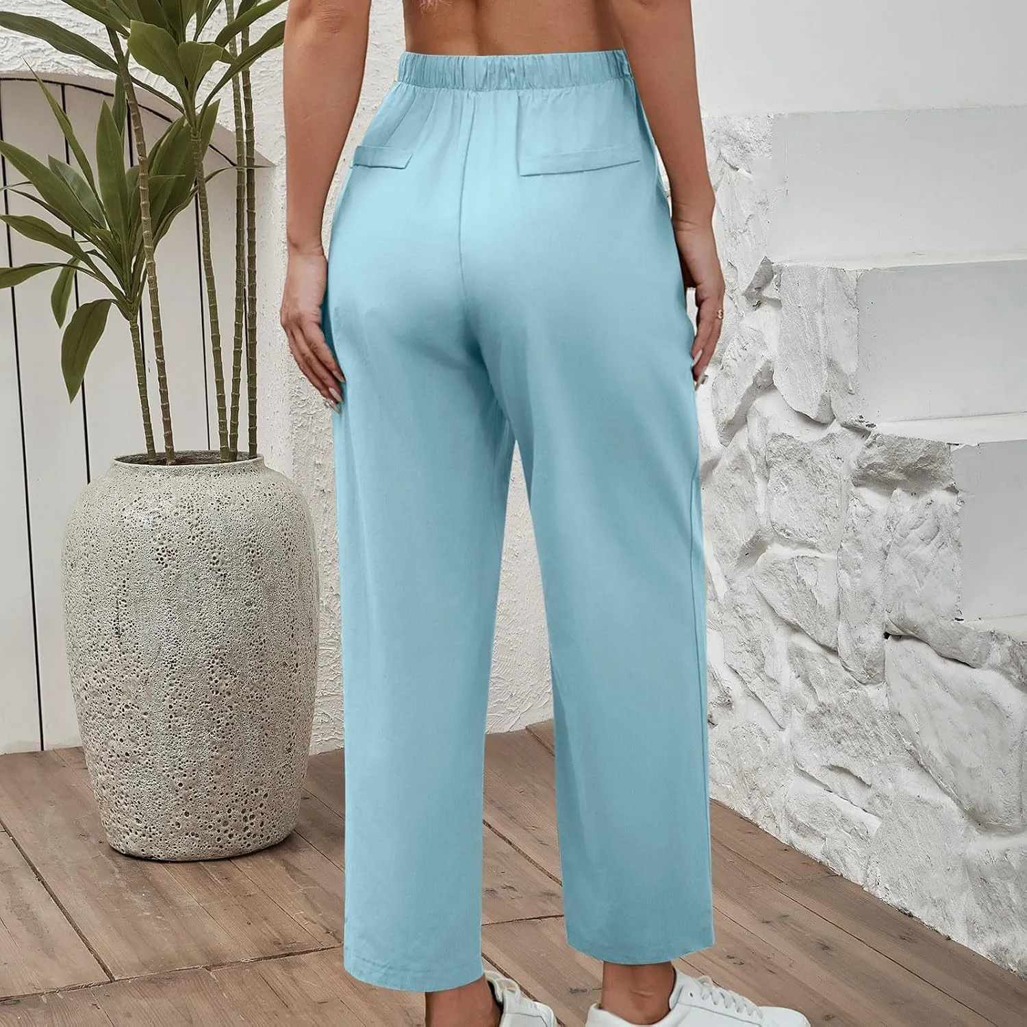 Lmdudan 2025 Women Casual Cotton Linen Pants Lightweight Summer Elastic Waist Beach Pants Plus Size Solid Lounge Long Trouser