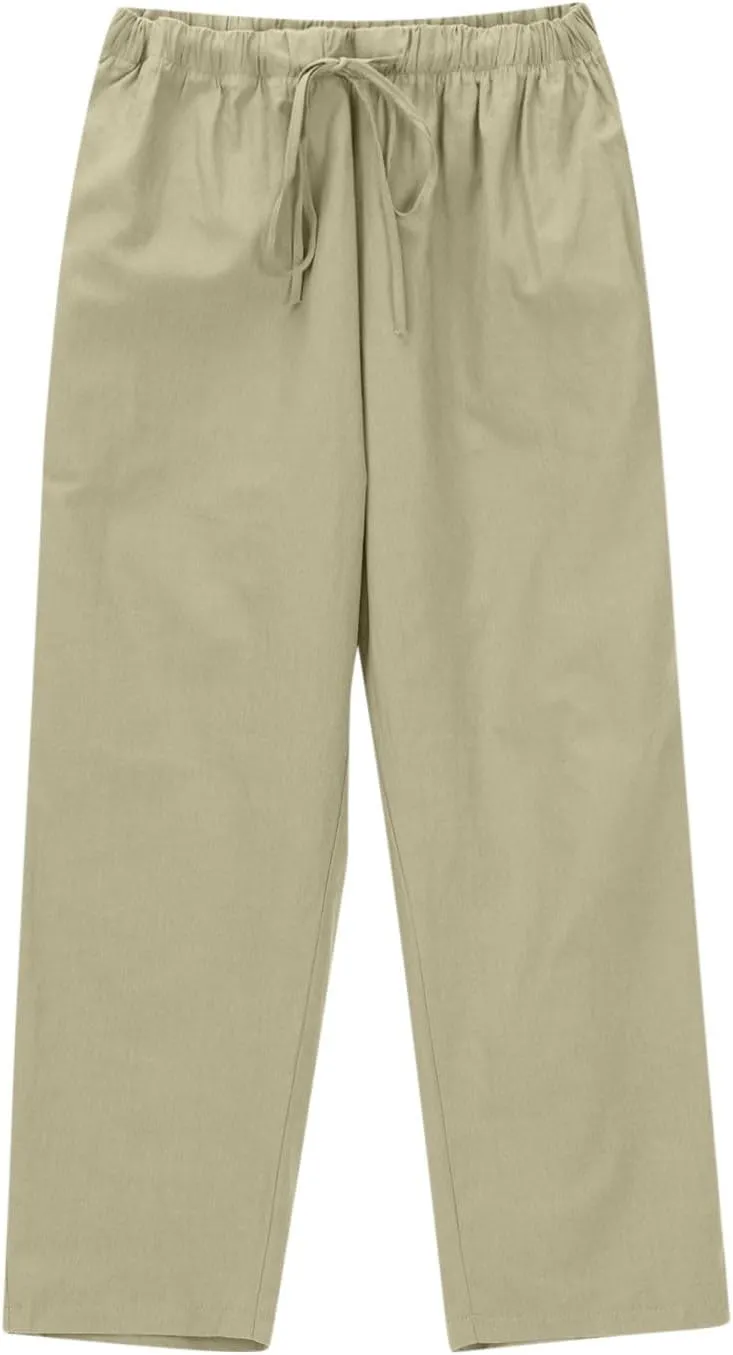 Lmdudan 2025 Women Casual Cotton Linen Pants Lightweight Summer Elastic Waist Beach Pants Plus Size Solid Lounge Long Trouser