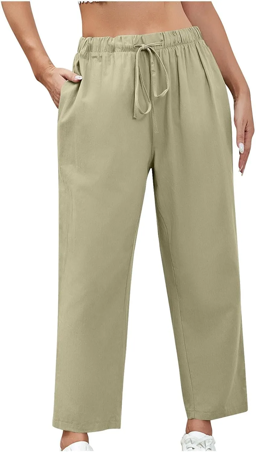 Lmdudan 2025 Women Casual Cotton Linen Pants Lightweight Summer Elastic Waist Beach Pants Plus Size Solid Lounge Long Trouser