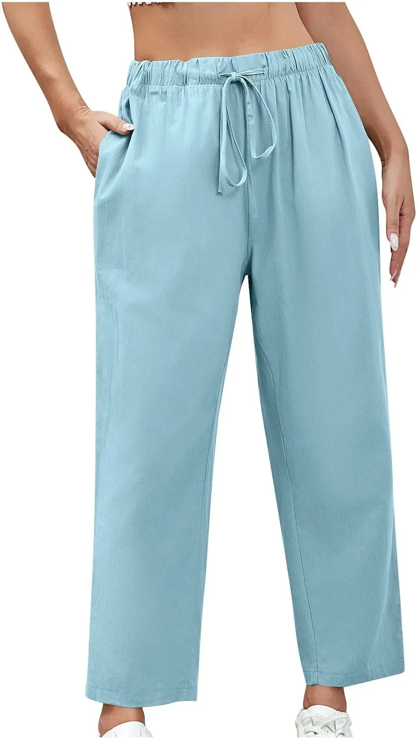 Lmdudan 2025 Women Casual Cotton Linen Pants Lightweight Summer Elastic Waist Beach Pants Plus Size Solid Lounge Long Trouser