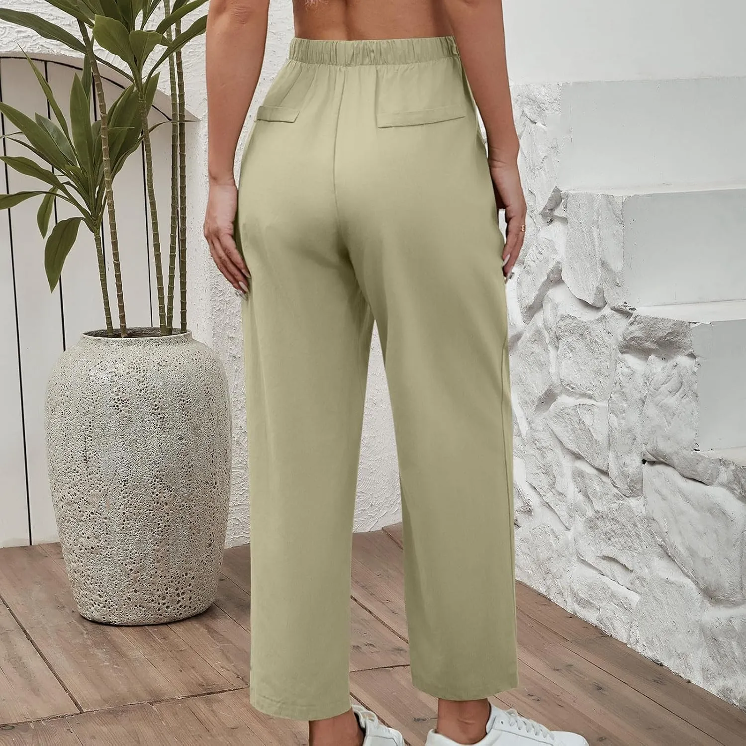 Lmdudan 2025 Women Casual Cotton Linen Pants Lightweight Summer Elastic Waist Beach Pants Plus Size Solid Lounge Long Trouser