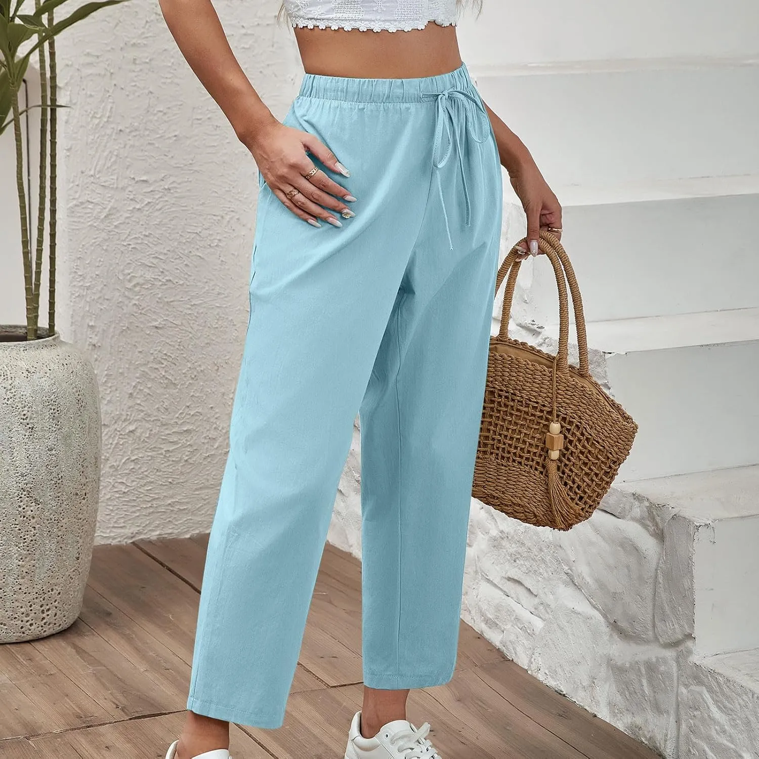 Lmdudan 2025 Women Casual Cotton Linen Pants Lightweight Summer Elastic Waist Beach Pants Plus Size Solid Lounge Long Trouser