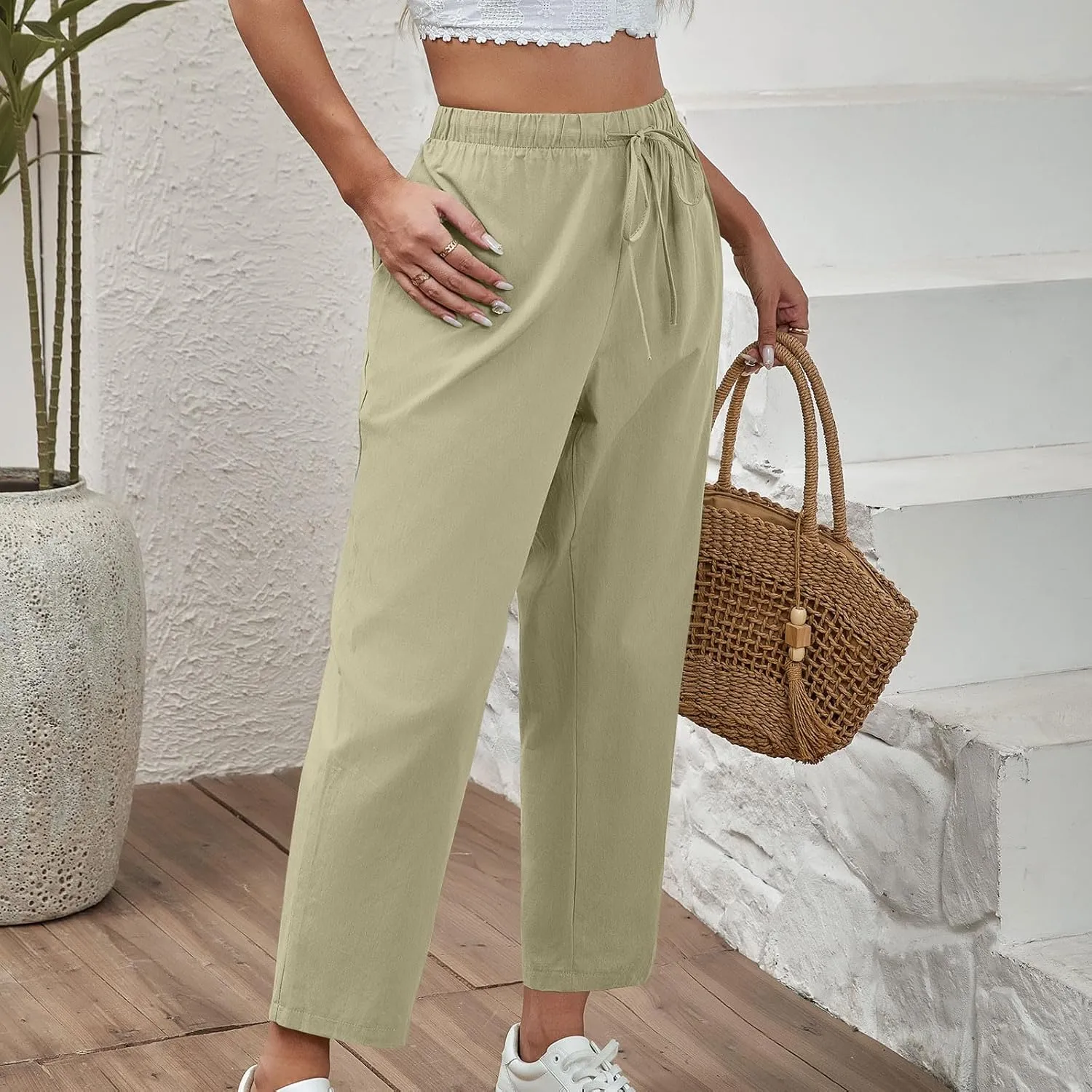 Lmdudan 2025 Women Casual Cotton Linen Pants Lightweight Summer Elastic Waist Beach Pants Plus Size Solid Lounge Long Trouser