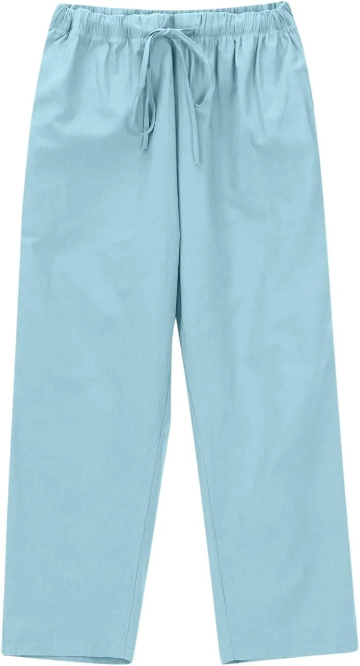 Lmdudan 2025 Women Casual Cotton Linen Pants Lightweight Summer Elastic Waist Beach Pants Plus Size Solid Lounge Long Trouser