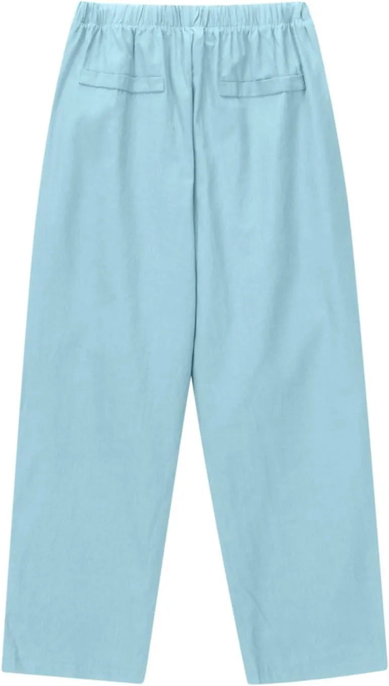 Lmdudan 2025 Women Casual Cotton Linen Pants Lightweight Summer Elastic Waist Beach Pants Plus Size Solid Lounge Long Trouser