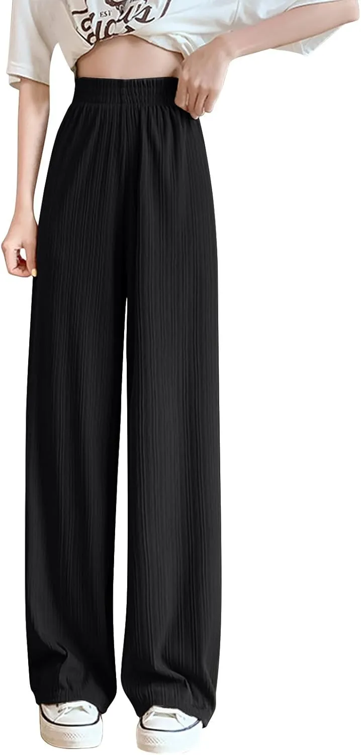Lmdudan 2025 Women Linen Pants Summer Casual Boho Loose Wide Leg Palazzo Pants Smocked High Waist Flowy Beach Yoga Trousers