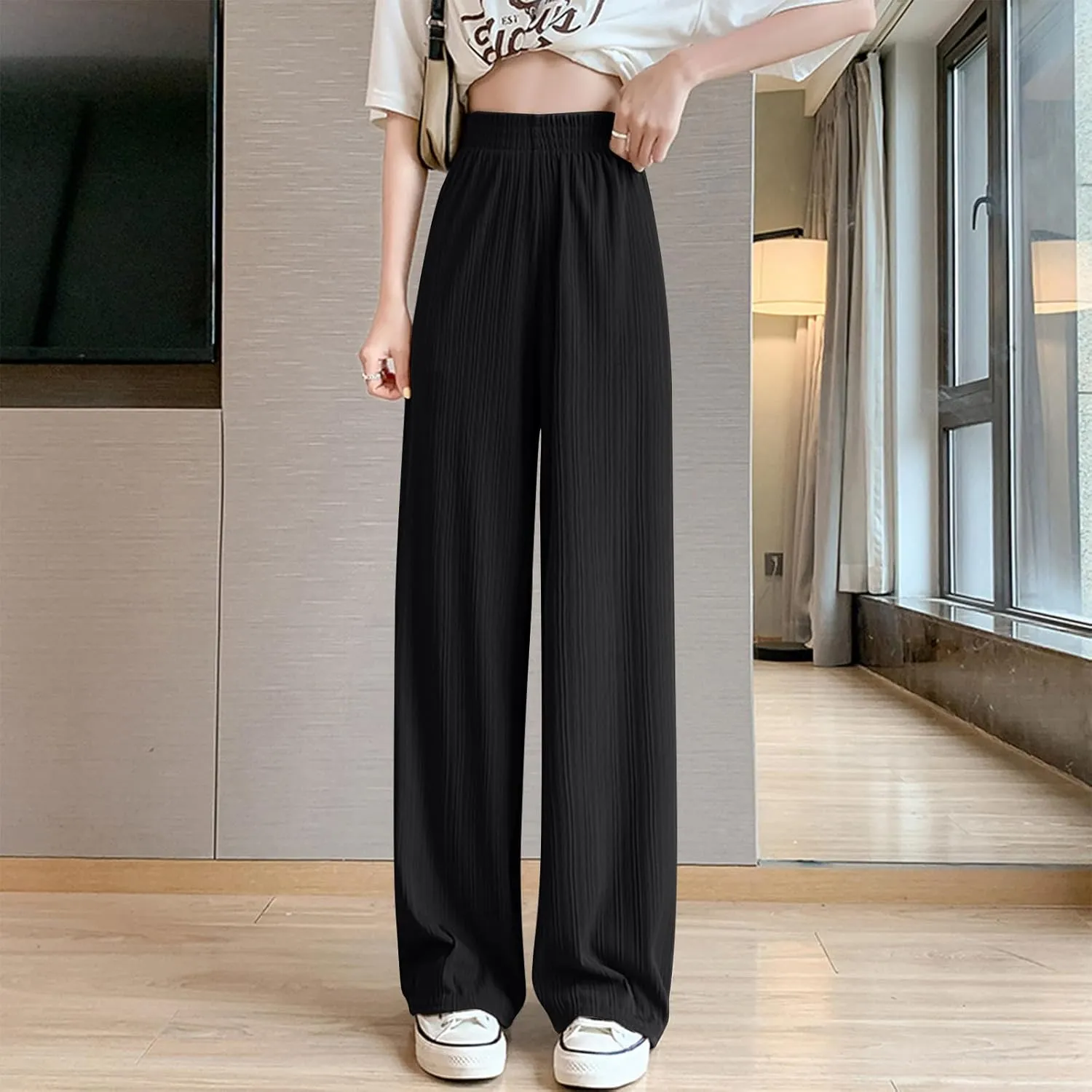 Lmdudan 2025 Women Linen Pants Summer Casual Boho Loose Wide Leg Palazzo Pants Smocked High Waist Flowy Beach Yoga Trousers