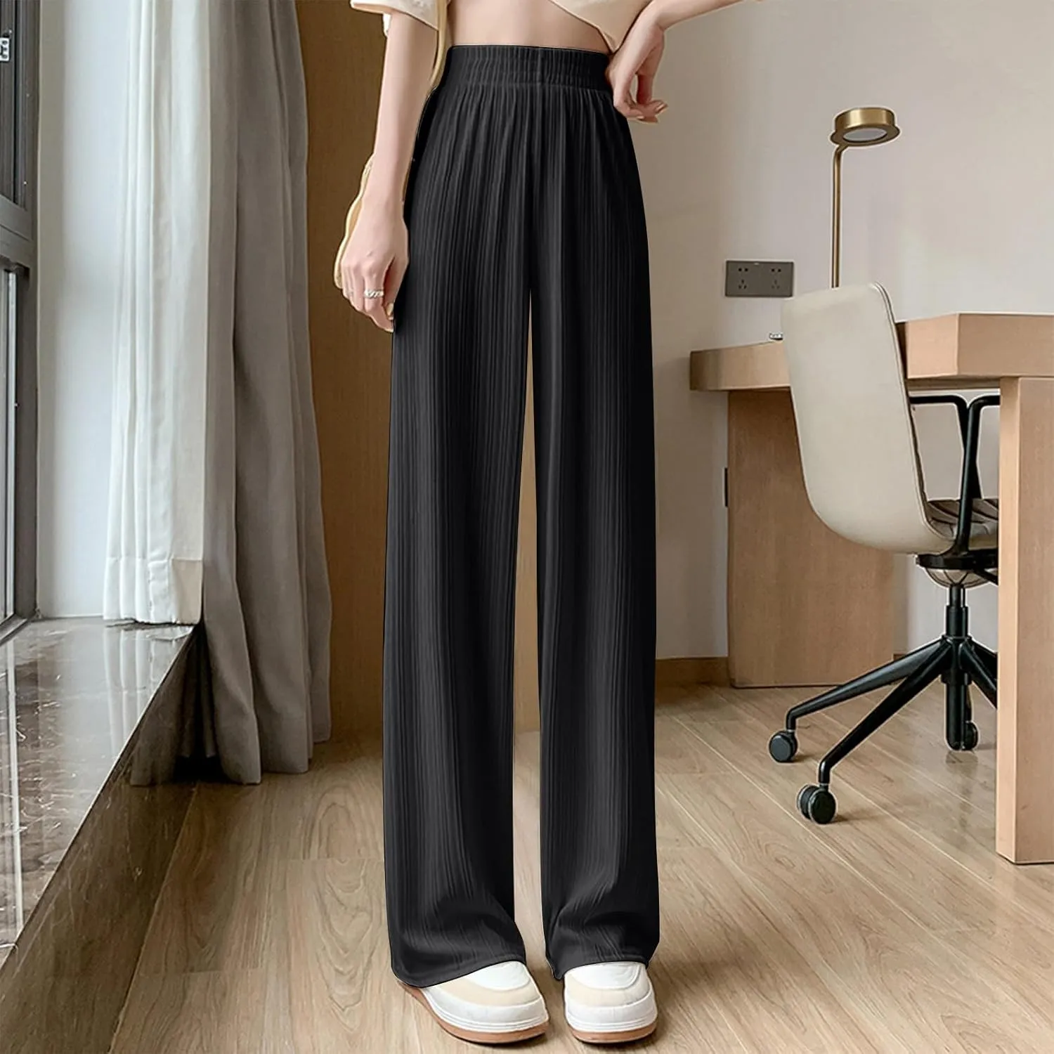 Lmdudan 2025 Women Linen Pants Summer Casual Boho Loose Wide Leg Palazzo Pants Smocked High Waist Flowy Beach Yoga Trousers