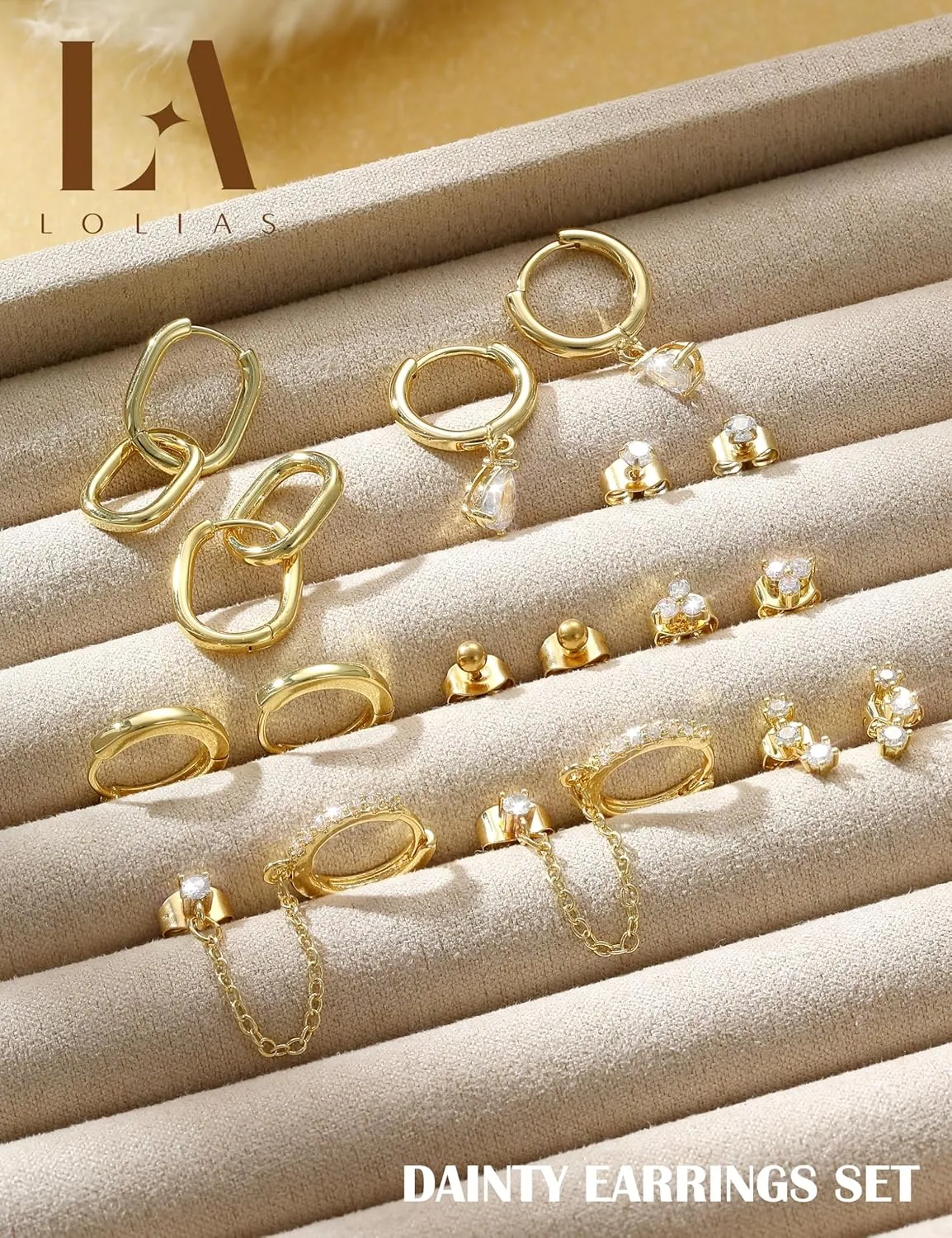 LOLIAS Gold Hoop Stud Earring Stacks for Women - 14K Gold Plated Chain Cartilage Earrings Cute Hypoallergenic Silver Huggie Earrings Sets for Multiple Piercing Jewelry Lightweight 8Pairs