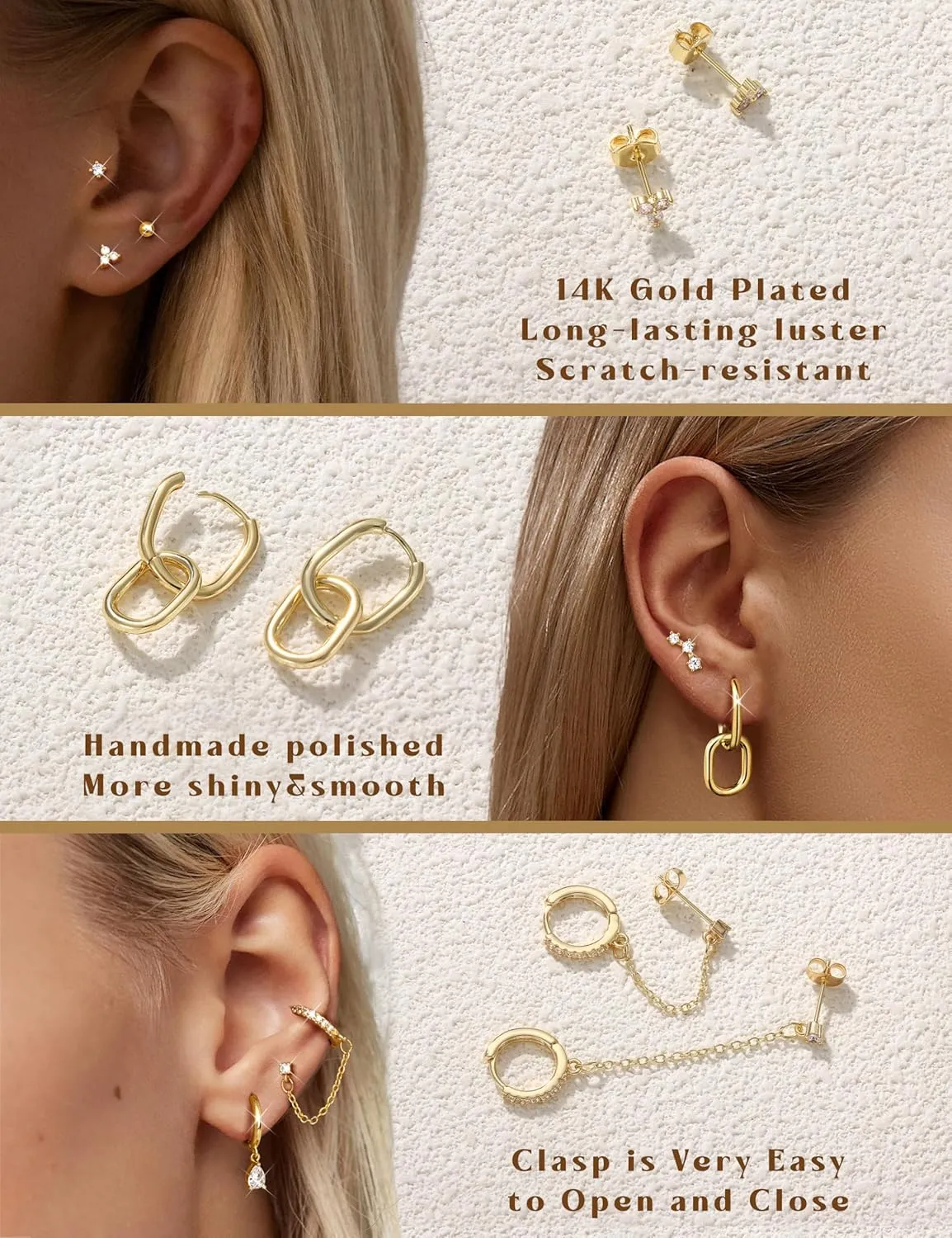 LOLIAS Gold Hoop Stud Earring Stacks for Women - 14K Gold Plated Chain Cartilage Earrings Cute Hypoallergenic Silver Huggie Earrings Sets for Multiple Piercing Jewelry Lightweight 8Pairs
