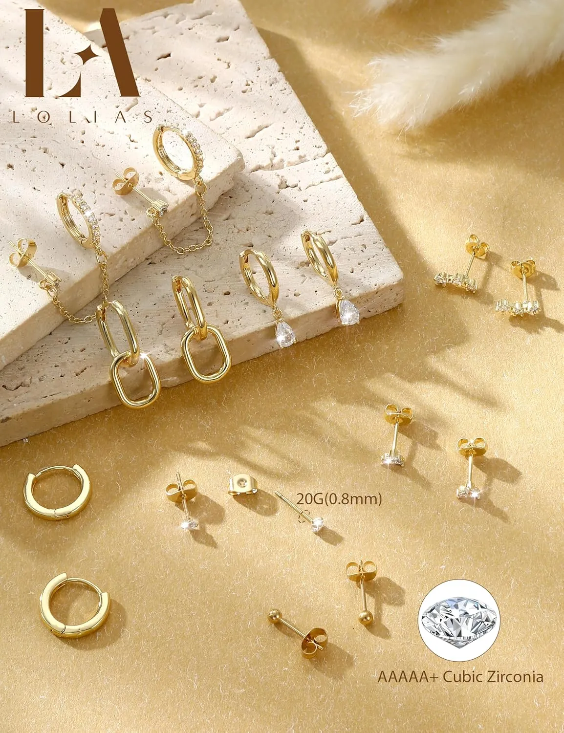 LOLIAS Gold Hoop Stud Earring Stacks for Women - 14K Gold Plated Chain Cartilage Earrings Cute Hypoallergenic Silver Huggie Earrings Sets for Multiple Piercing Jewelry Lightweight 8Pairs