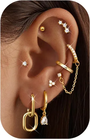 LOLIAS Gold Hoop Stud Earring Stacks for Women - 14K Gold Plated Chain Cartilage Earrings Cute Hypoallergenic Silver Huggie Earrings Sets for Multiple Piercing Jewelry Lightweight 8Pairs