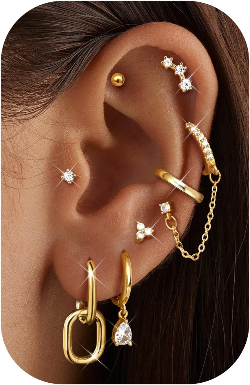LOLIAS Gold Hoop Stud Earring Stacks for Women - 14K Gold Plated Chain Cartilage Earrings Cute Hypoallergenic Silver Huggie Earrings Sets for Multiple Piercing Jewelry Lightweight 8Pairs