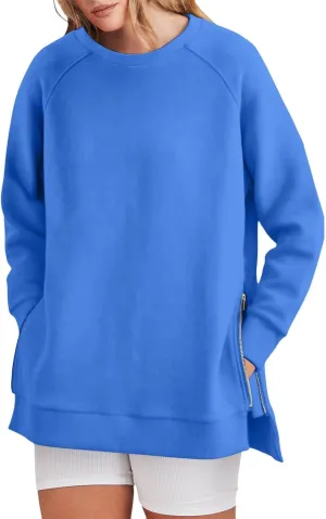 Long Sleeve Shirts for Women Oversized Sweatshirt Crewneck Tunic Pollover Shirts Side Zipper Hoodie Sweater 2024 Fall Clothes