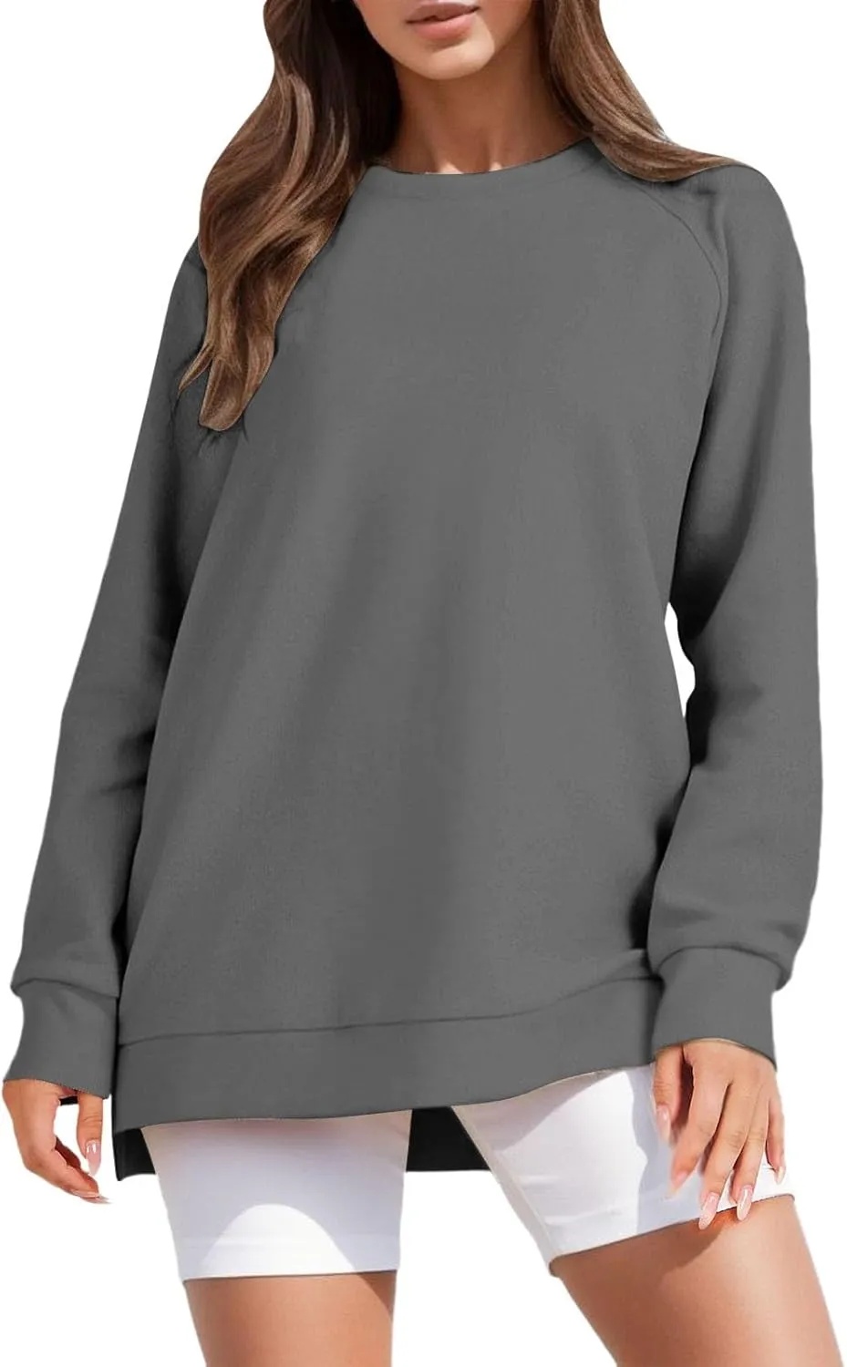 Long Sleeve Shirts for Women Oversized Sweatshirt Crewneck Tunic Pollover Shirts Side Zipper Hoodie Sweater 2024 Fall Clothes