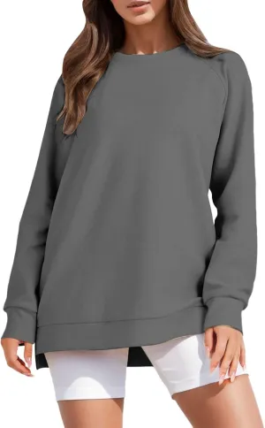 Long Sleeve Shirts for Women Oversized Sweatshirt Crewneck Tunic Pollover Shirts Side Zipper Hoodie Sweater 2024 Fall Clothes