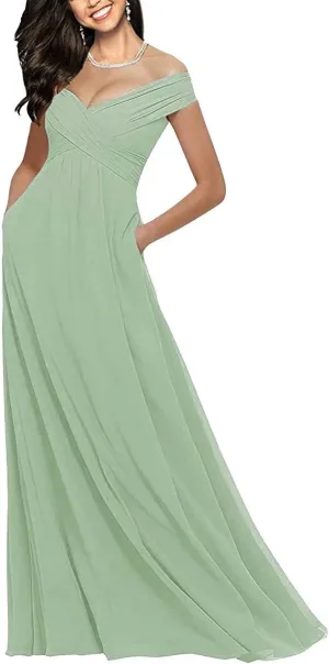 Lorderqueen Off Shoulder Bridesmaid Dresses Long Chiffon Evening Formal Gowns with Pockets