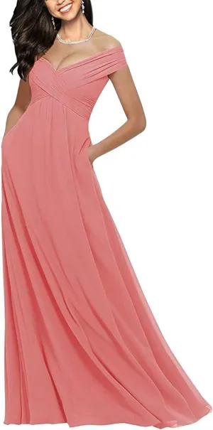 Lorderqueen Off Shoulder Bridesmaid Dresses Long Chiffon Evening Formal Gowns with Pockets