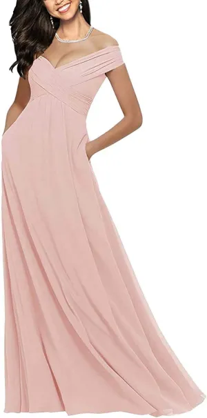 Lorderqueen Off Shoulder Bridesmaid Dresses Long Chiffon Evening Formal Gowns with Pockets